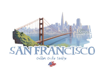 Illustrative design of San Francisco's Golden Gate Bridge with skyline backdrop and American flag motif.